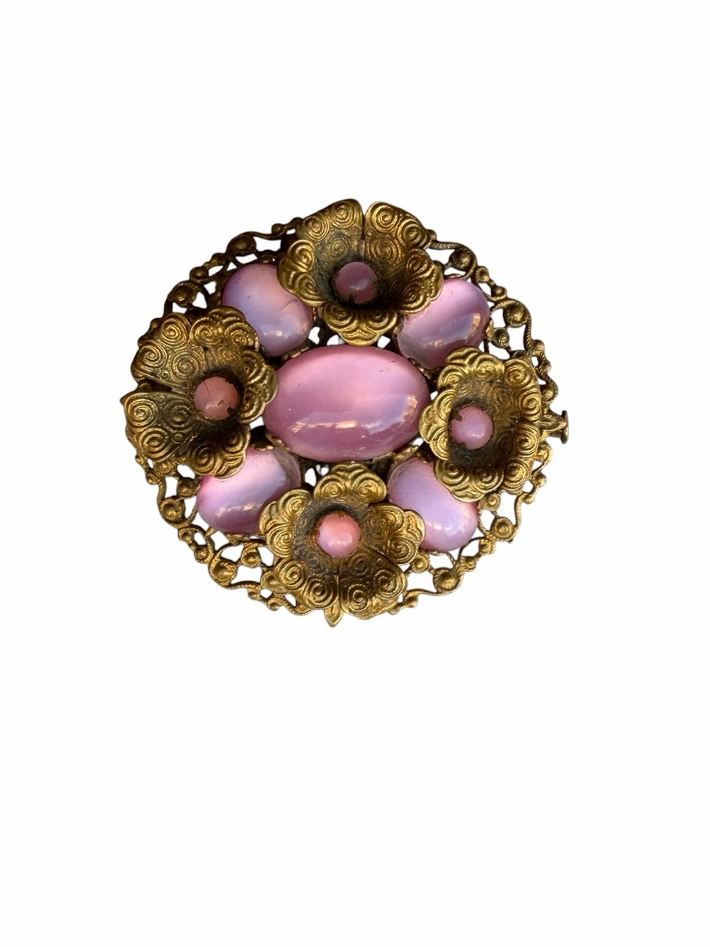 1930s Czech Pink Satin Glass Brass Filigree Brooch Trombone Clasp